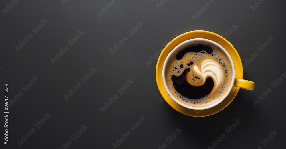 Top view image of a yellow cup of coffee, gradient black background with empty, blank space for text in left side image. Coffee banner theme. Top view image of a yellow cup of coffee, gradient black background with empty, blank space for text in left side image. Coffee banner theme.