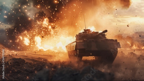 A tank on the battlefield releasing intense fire and smoke as it fires at enemy targets. The scene is filled with explosive action and destruction.