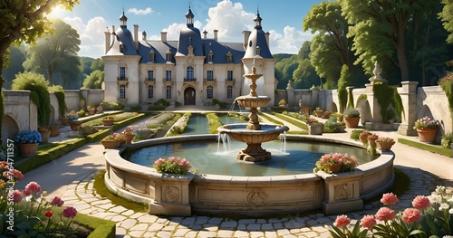 An ancient castle with a fountain in the suburbs of France