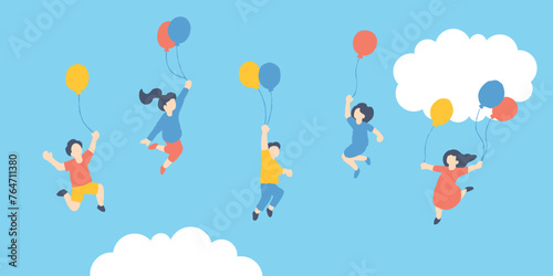 風船を持って空を飛ぶ子供達のイラスト