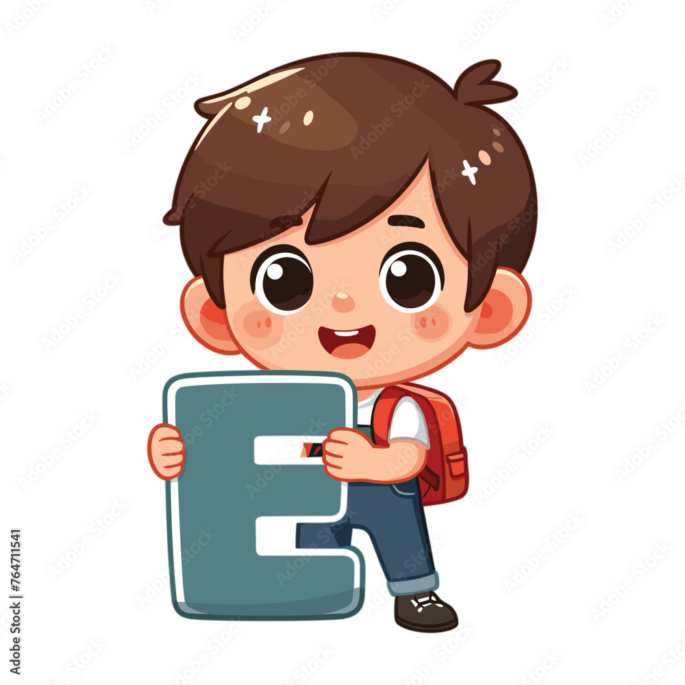 cute happy boy holding alphabet letter E vector illustration cute happy boy holding alphabet letter E vector illustration