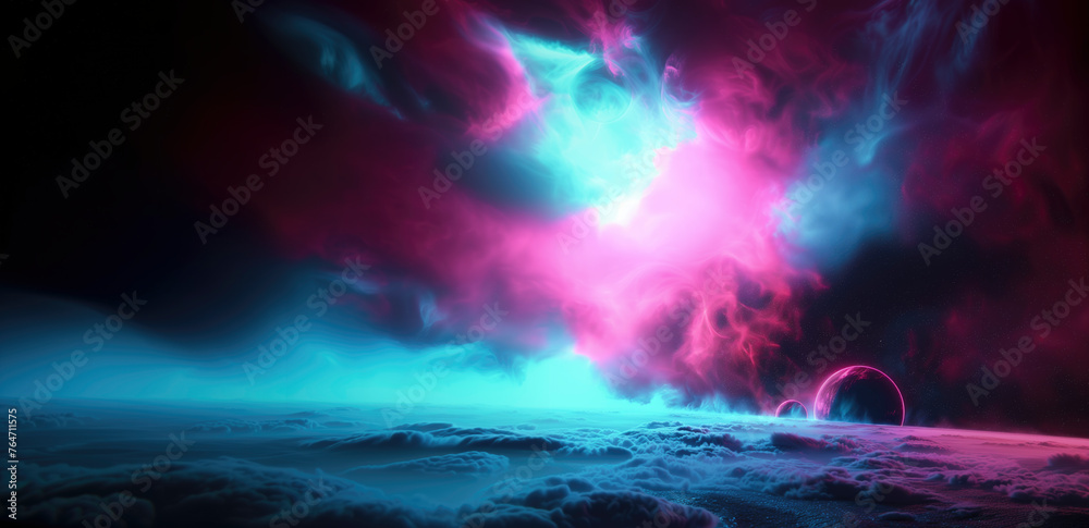 abstract space background with planet, stars and clouds illuminated by otherworldly pink and blue light. copy space