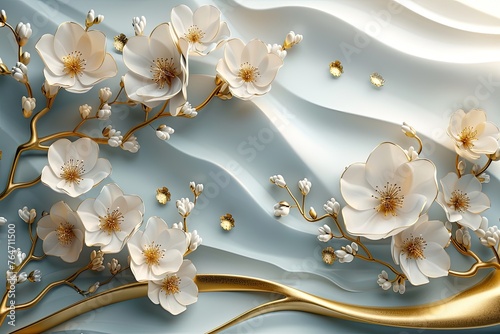 flowers in the water, Golden 3D jewelry bloom set on a background of abstract 3D circles