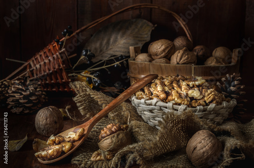 walnuts and kernels in a basket