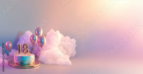 minimalist 18th birthday concept. cake with the number 18 on top surrounded by silver metallic balloons and clouds on simple white gradient background, copy space photo