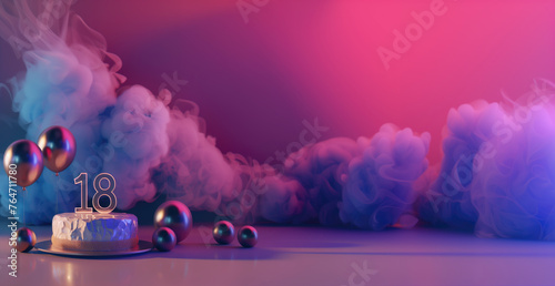 minimalist 18th birthday concept. cake with gold number 18 on top surrounded by metallic balloons and clouds on pink and purple gradient background, copy space photo