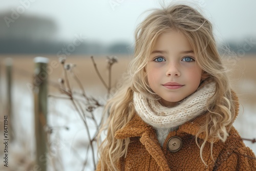 A cheerful 7-year-old Girl wearing, standing with his back to us near a low fence, Behind the fence, horsess roam under the soft daylight photo