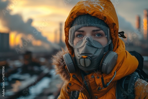 A Cyclist people wearing a pollution mask riding on a path near industries, sunshine