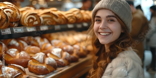 Happy and smiling people  buying bread at the supermarket bakery