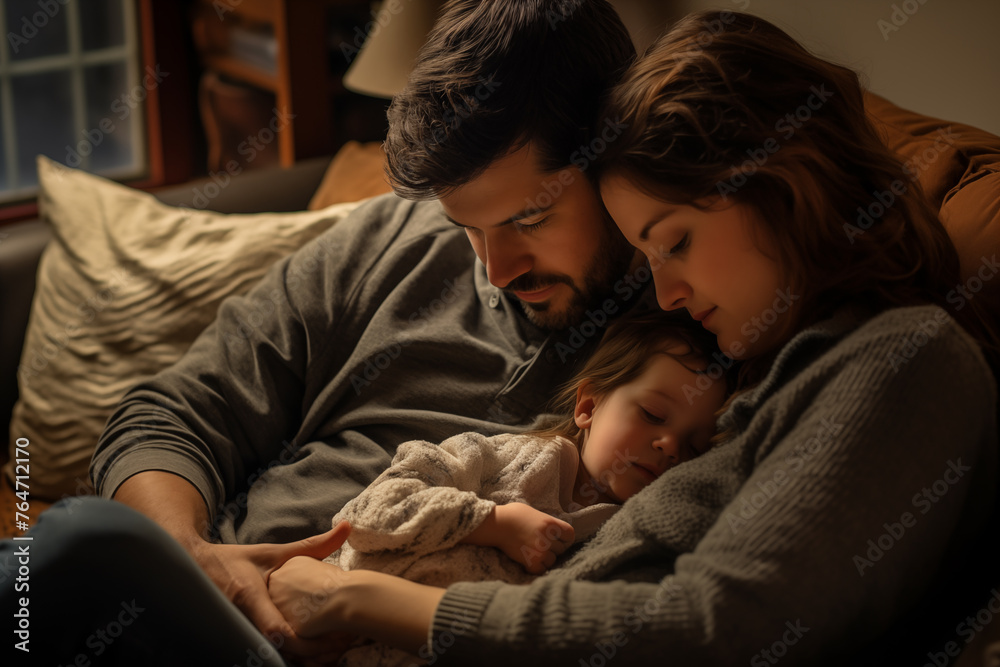 Father, mother and son lying relaxed and asleep on the sofa at home enjoying a nice family moment