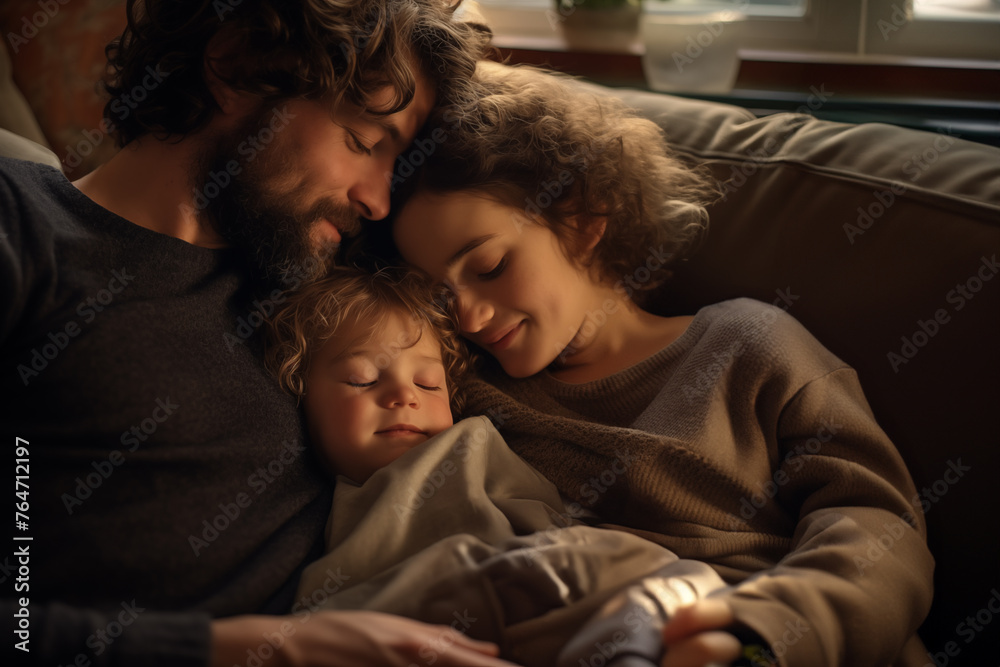 Father, mother and son lying relaxed and asleep on the sofa at home enjoying a nice family moment