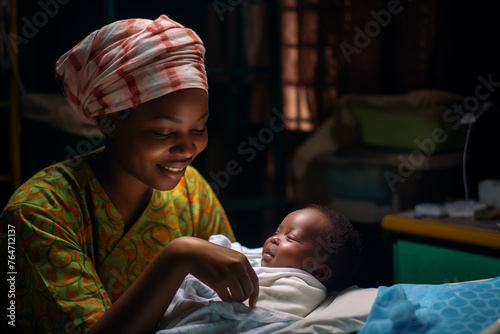 a black African woman taking care of her newborn baby in a humble house without many resources but happy