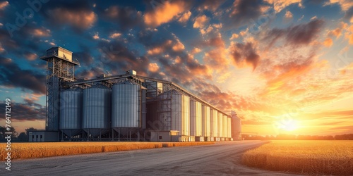 Agro storage granary elevator at an agro-processing plant for processing drying cleaning and storing agricultural products flour cereals and grain Granary bunkering of bulk cargoes with grain sunlight