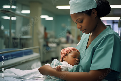a black female nurse caring for a black newborn in the newborn room of a hospital