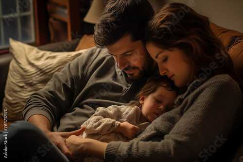 Father, mother and son lying relaxed and asleep on the sofa at home enjoying a nice family moment