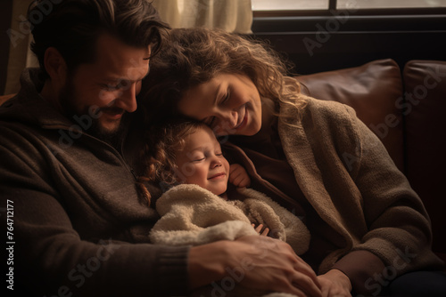 Father, mother and son lying relaxed and asleep on the sofa at home enjoying a nice family moment