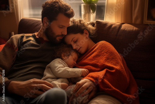 Father, mother and son lying relaxed and asleep on the sofa at home enjoying a nice family moment