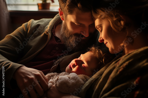 Father, mother and son lying relaxed and asleep on the sofa at home enjoying a nice family moment