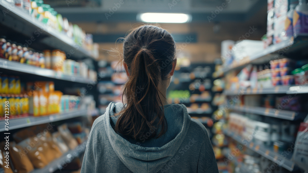 Woman from behind contemplating aisles in a dimly lit grocery store.
