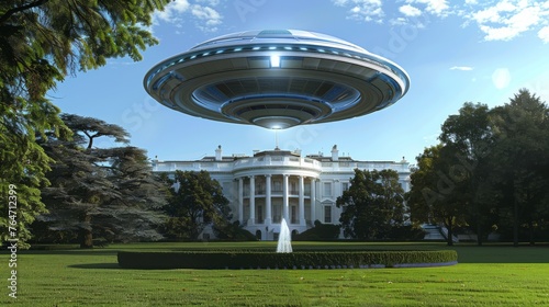 A large white building stands prominently with a massive Aliens (UFO) object placed in its center, creating a striking contrast in scale and structure. The object dominates the scene, drawing