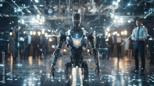 Generative AI. In a technologically advanced world, robots play a significant role in the lives of humans. Imagine a futuristic painting showcasing sleek, intelligent AI machines seamlessly integrated