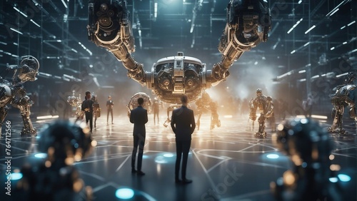 Generative AI. Data analytics. Machine learning. Decentralized ledger. Cryptographic. Block chain. Robots working with humans hands in hands. Science Fiction. Doing human work. Space ships futuristic.