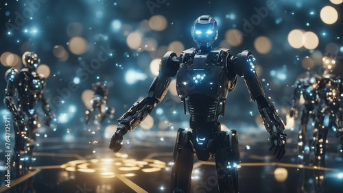 Generative AI. Data analytics. Machine learning. Decentralized ledger. Cryptographic. Block chain. Robots working with humans hands in hands. Science Fiction. Doing human work. Space ships futuristic.