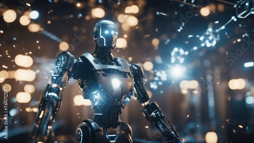 Generative AI. Data analytics. Machine learning. Decentralized ledger. Cryptographic. Block chain. Robots working with humans hands in hands. Science Fiction. Doing human work. Space ships futuristic.