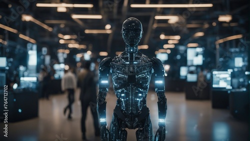 Generative AI. Data analytics. Machine learning. Decentralized ledger. Cryptographic. Block chain. Robots working with humans hands in hands. Science Fiction. Implementing AI into system.
