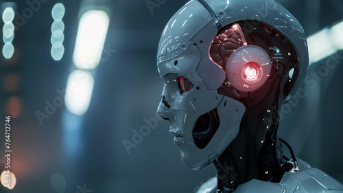 Advanced humanoid robot head with a glowing red eye depicting AI technology.