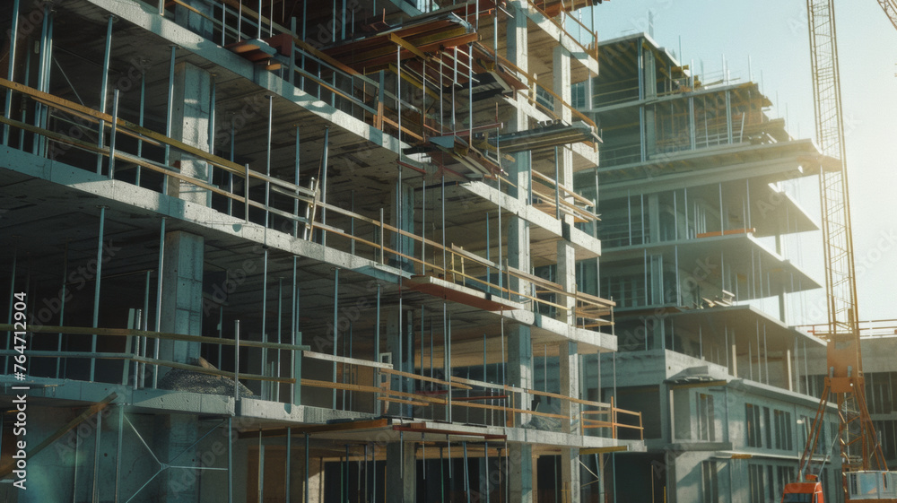 Sunlit construction site showcasing the skeletal framework of a rising urban development.