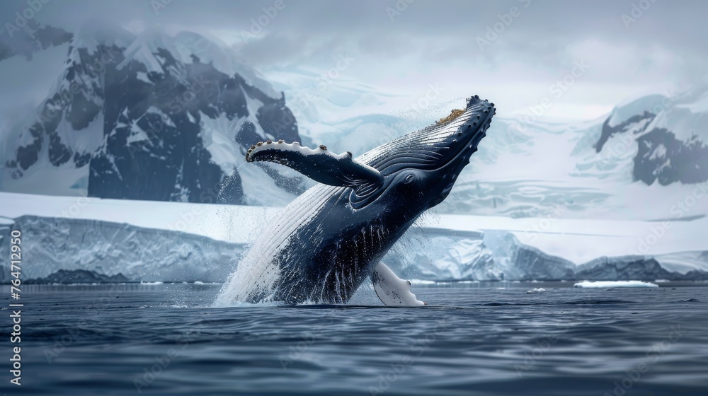 Fototapeta premium A powerful humpback whale is seen breaching out of the water, displaying its immense size and strength as it leaps into the air with graceful agility.