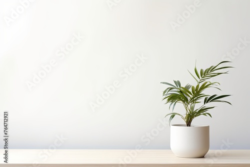 Potted plant on table in front of white wall, in the style of minimalist backgrounds, exotic