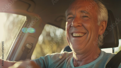 Joyful senior man driving during sunset radiates a zest for life. © VK Studio