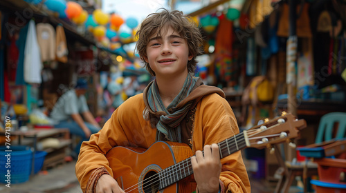 Smiling young musician playing acoustic guitar in a colorful street market setting.