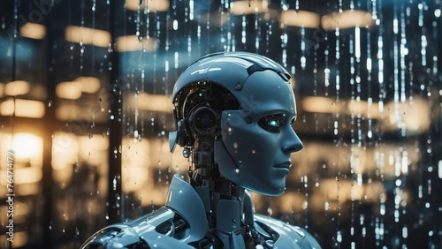 Generative AI. decentralized ledger, cryptographic, distribution network, immutable database, transaction data. better tomorrow. NFT, science fiction, bots, future technology. Raining