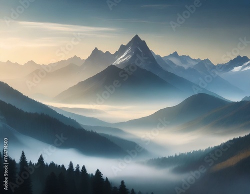 Misty mountain landscape panoramic view