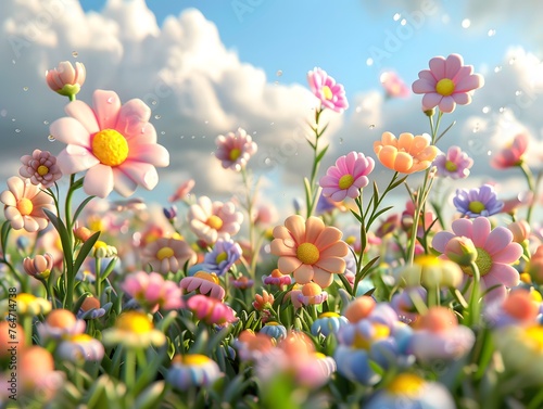 3D render vibrant field of multicolored daisies under a sunny sky with fluffy clouds.
