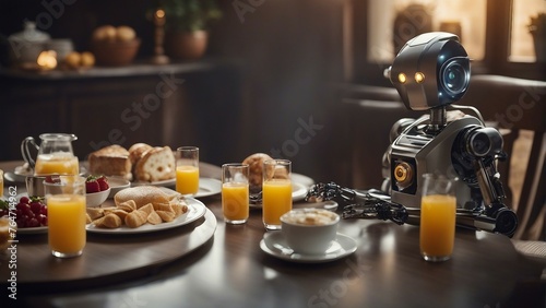 Generative AI. AI in Daily Life  Enhancing Everyday Experiences with Smart Technology. Empowering Humanity  AI Everyday Impact Unveiled in Captivating Imagery. Robot helping in serving food.