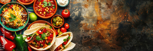 horizontal banner, Mexican independence day, Mexican cuisine, traditional Mexican dishes, copy space, free space for text, dark background
