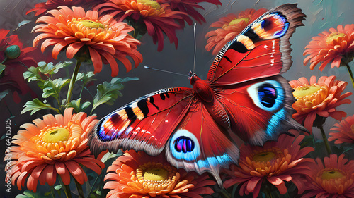 bright red peacock butterfly on chrysanthemum flowers.
