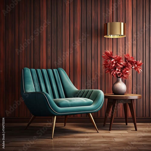 Red armchair in front of a wooden wall  in the style of exotic flora and fauna