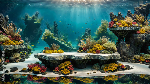 Coral Reef Ocean Display Background, underwater stone stand, seaweed rock product platform, sea scene, underwater podium, stone pedestal, water, nature, ocean, ad, podium platform, product promo © aiximagination