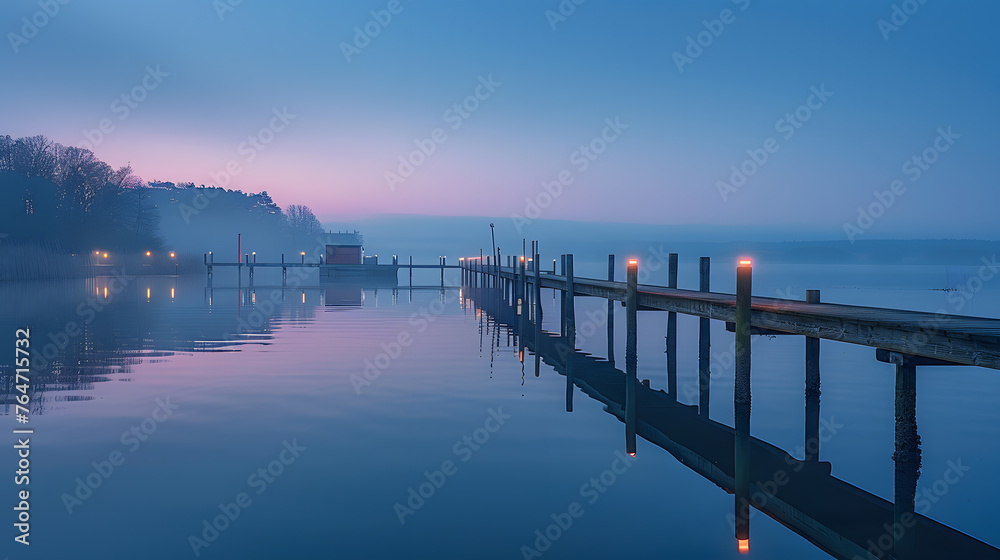 A calm lake, with a quaint wooden pier as the background, during a serene twilight