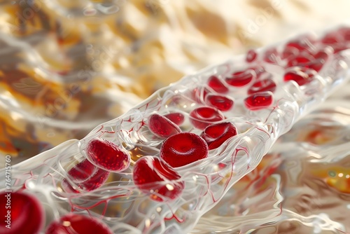 Cross-Sectional View of Smooth Arterial Capillaries with Red and White Blood Cells in a Warm Yellow Background photo