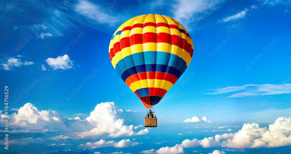 Naklejka premium Multicolored hot air balloon on background of bright blue cloudy sky.