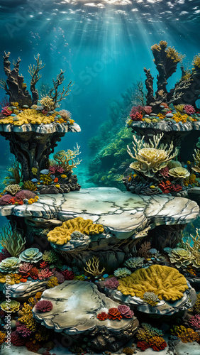Coral Reef Ocean Display Background, underwater stone stand, seaweed rock product platform, sea scene, underwater podium, stone pedestal, water, nature, ocean, ad, podium platform, product promo