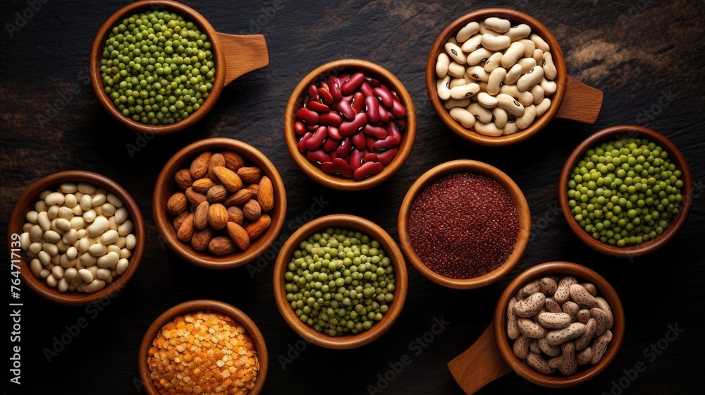 Top view of multicolored legumes in wooden cups on a dark background. Ingredients for vegetarian dishes. Beans, lentils, peas, chickpeas. Healthy eating concepts. Top view of multicolored legumes in wooden cups on a dark background. Ingredients for vegetarian dishes. Beans, lentils, peas, chickpeas. Healthy eating concepts.