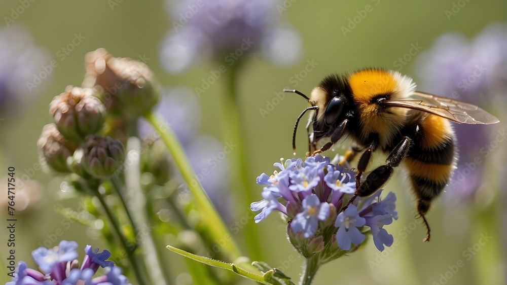 close-up shot of a bumblebee gathering nectar from a colorful patch of wildflowers close-up shot of a bumblebee gathering nectar from a colorful patch of wildflowers