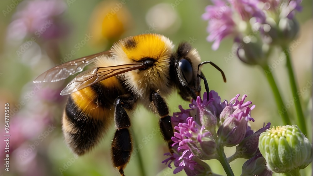 close-up shot of a bumblebee gathering nectar from a colorful patch of wildflowers close-up shot of a bumblebee gathering nectar from a colorful patch of wildflowers